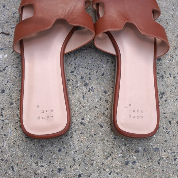 A New Day Cognac H-Strap Flat Slide Sandals 10 Minimalist - Picture 3 of 5
